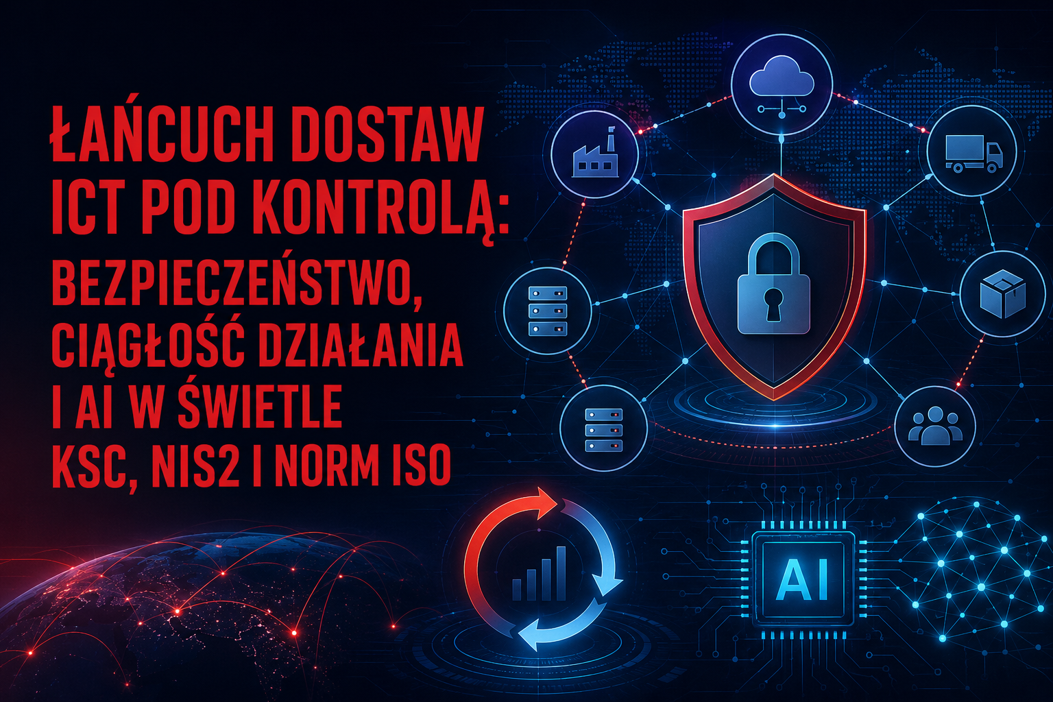 Grafika przedstawiająca cyberbezpieczeństwo łańcucha dostaw ICT, ciągłość działania, AI oraz zgodność z KSC, NIS2 i normami ISO.